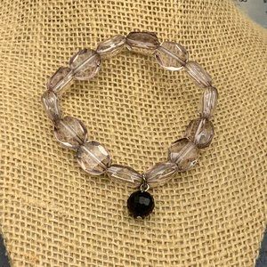 Clear Black Charm Bracelet Stretch Faceted Silver